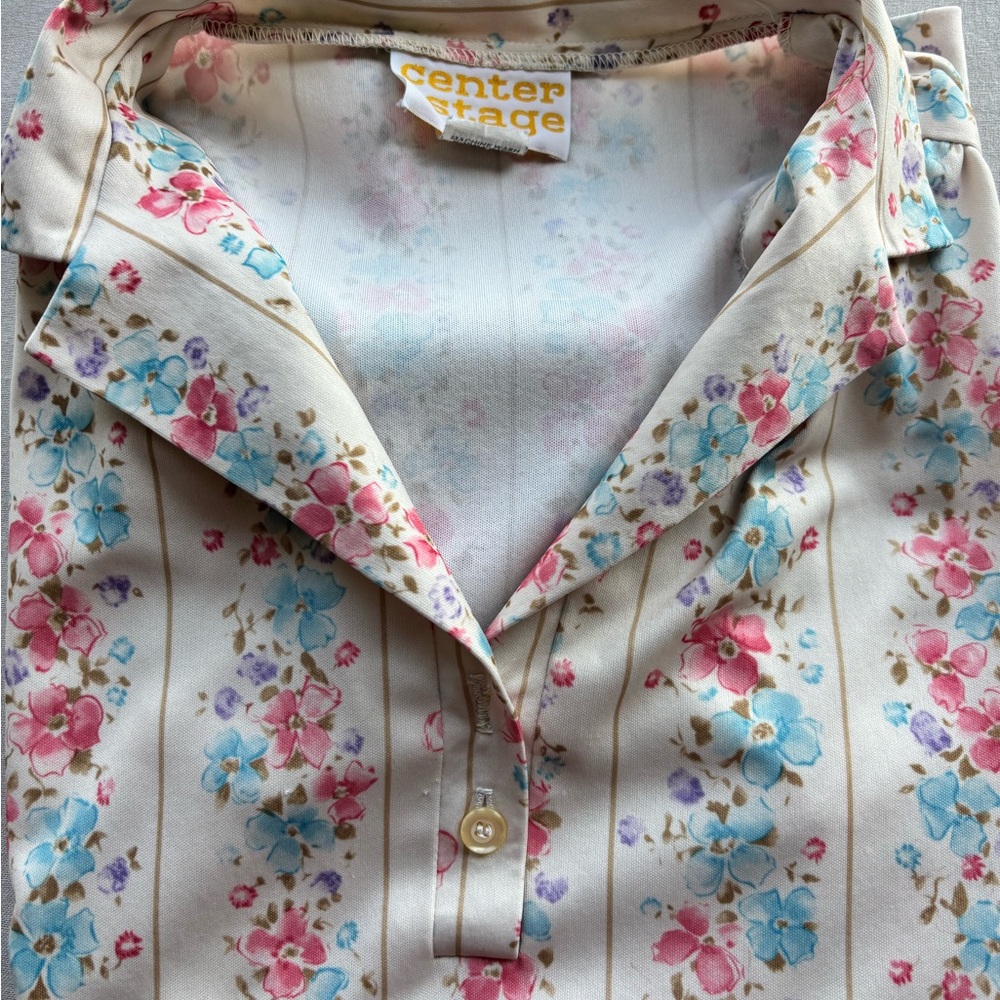 Vintage Cream Floral Button-Up Blouse with Pink & Blue Flowers